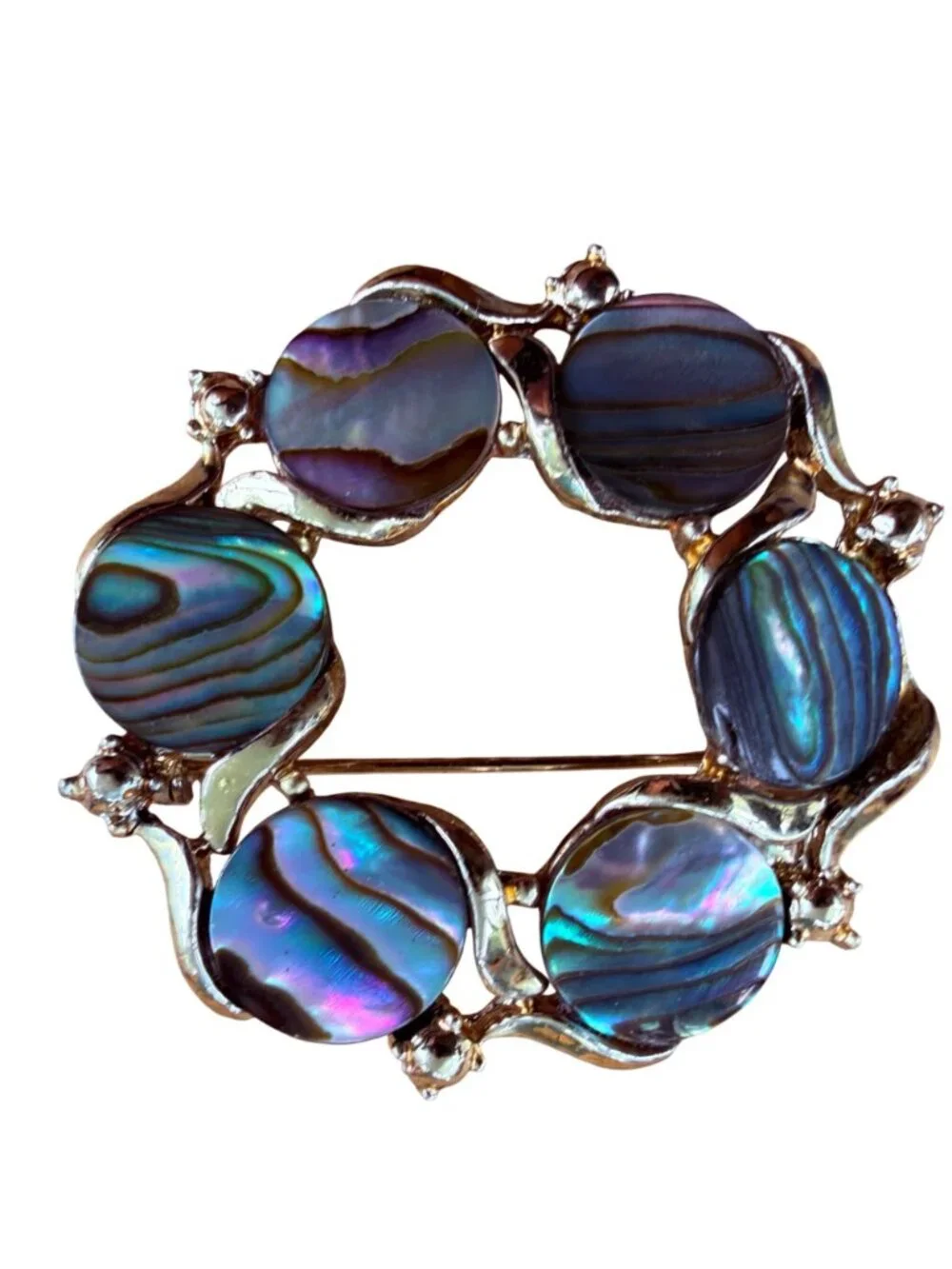 Vintage Abalone Shell Circle Brooch Silver Tone Wreath Pin Paua Statement Jewelr